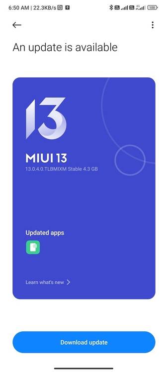 Screenshot showing MIUI 13 based on Android 13 update available on Xiaomi 12 Pro.