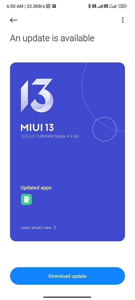 Screenshot showing MIUI 13 based on Android 13 update available on Xiaomi 12 Pro.