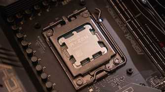 Angled view of AMD Ryzen 7950X installed on a motherboard