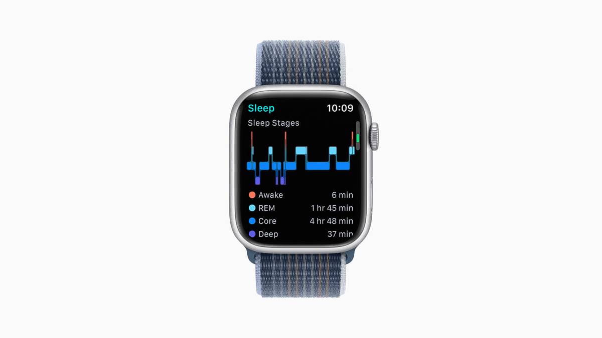 Apple Watch Series 8 with sleep stages on the screen on gray background.