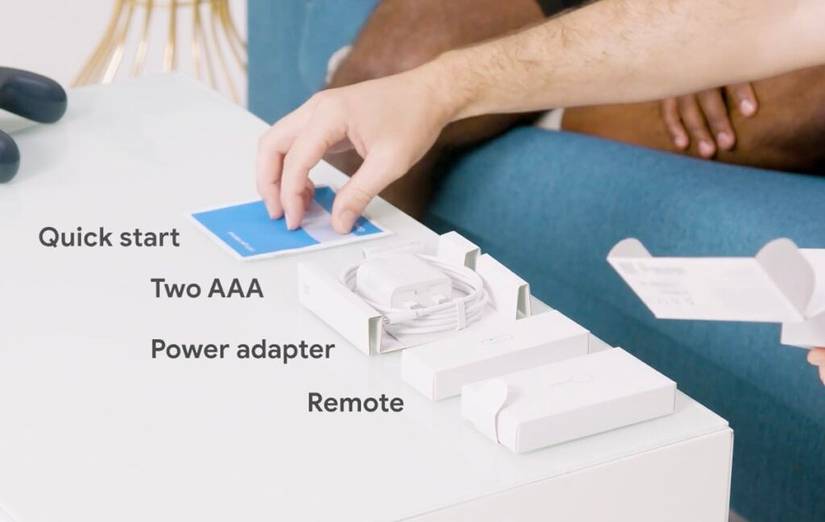 Chromecast with Google TV (HD) training video screenshot showing box contents.