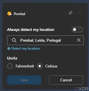 Weather widget customization options, including location selection and preferred temeperature units