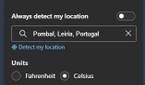 Weather widget customization options, including location selection and preferred temeperature units