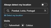 Weather widget customization options, including location selection and preferred temeperature units