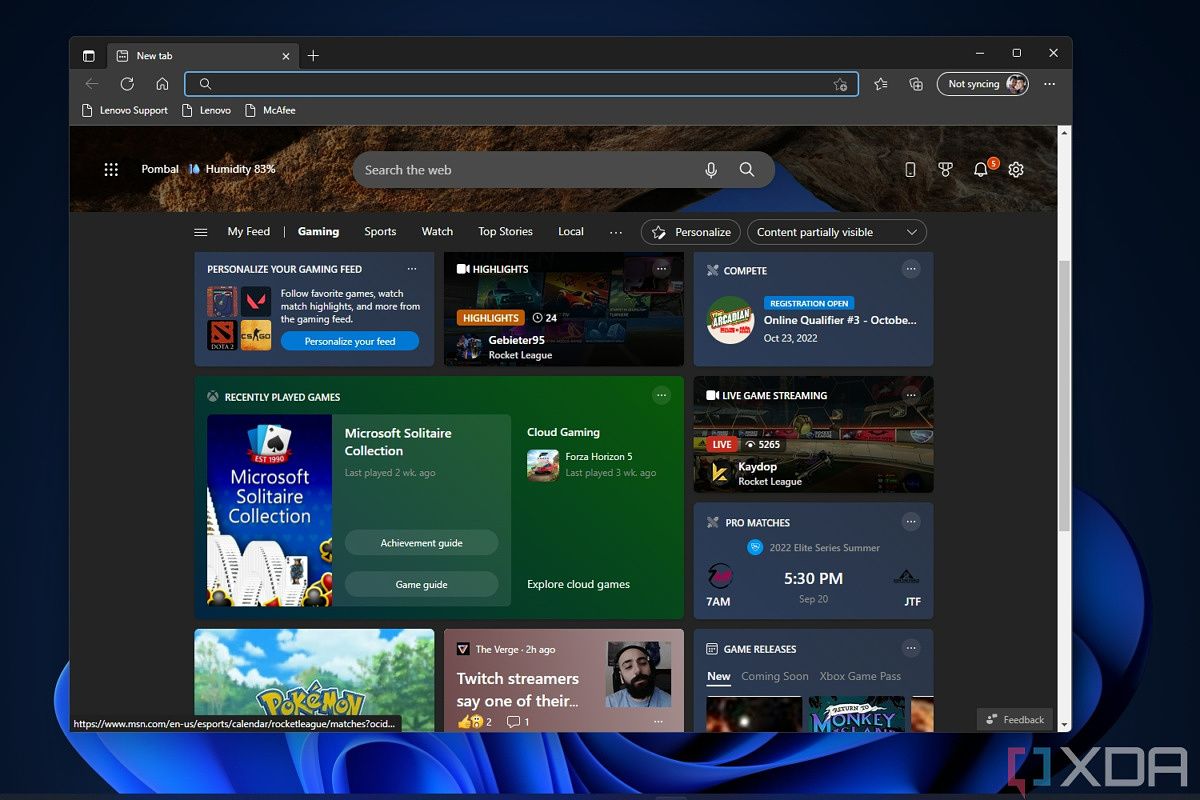 Screenshot of the Edge gaming homepage with the default Windows 11 wallpaper in the background