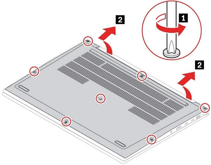 Illustration showing how to remove the base cover on the Lenovo ThinkPad X1 Extreme Gen 5