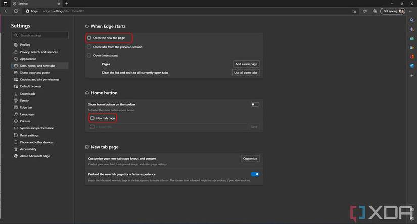 Screenshot of Edge new tab and home page settings