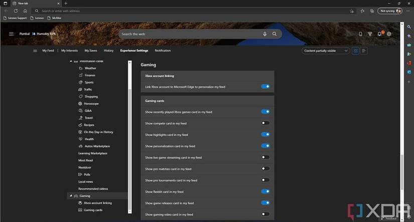 Screenshot of Edge feed settings showing options specific to the gaming feed, allowing the user to disable specific cards