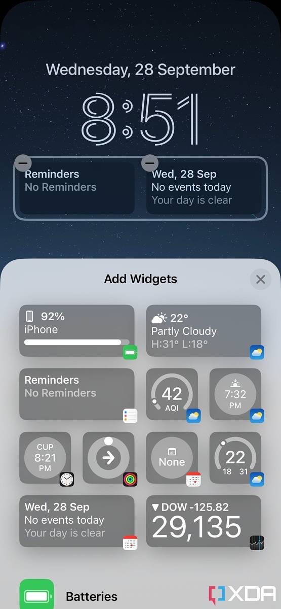 iOS 16 lock screen widgets selection window