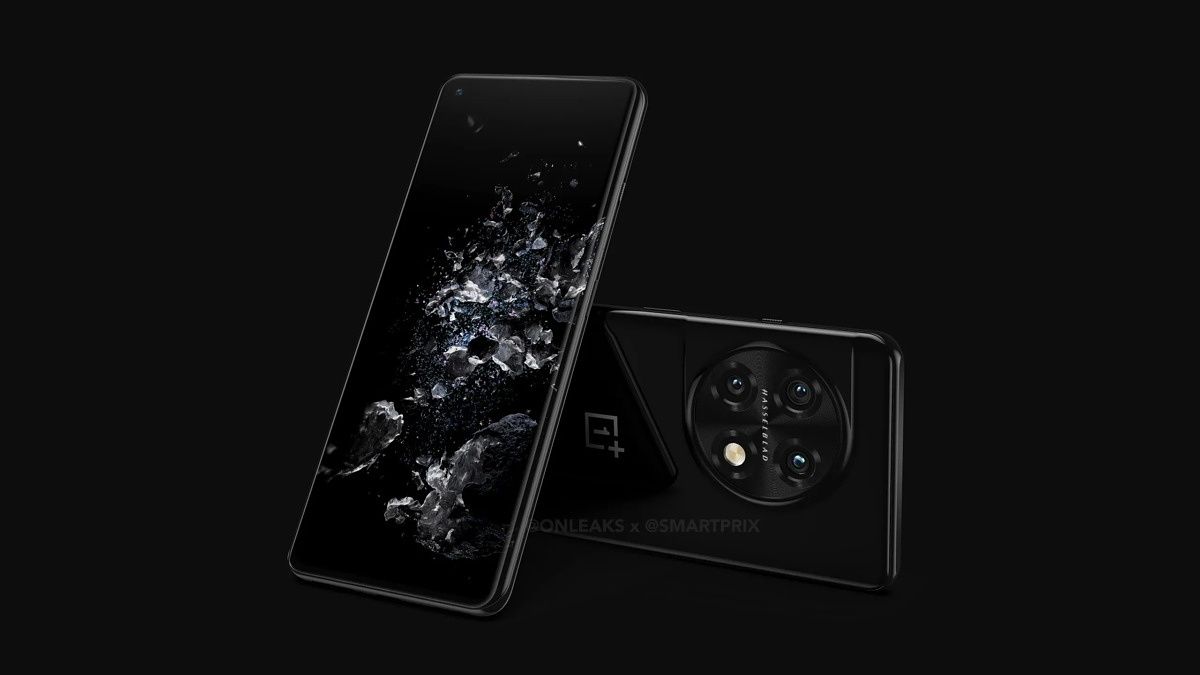 Leaked render of the OnePlus 11 Pro showcasing the device's front and back on black background.