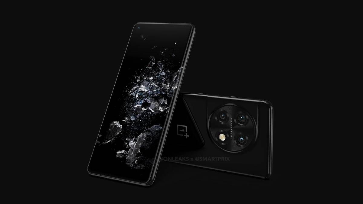 Leaked render of the OnePlus 11 Pro showcasing the device's front and back on black background.