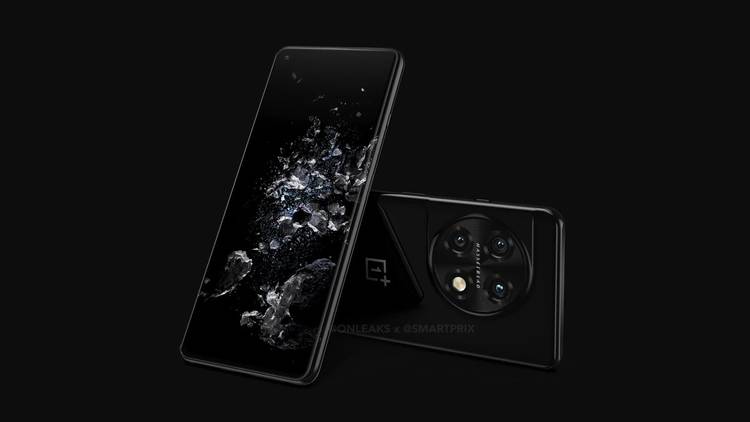 Leaked render of the OnePlus 11 Pro showcasing the device's front and back on black background.