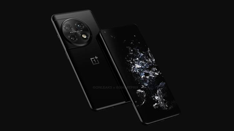Leaked render of the OnePlus 11 Pro showcasing the device's front and back on black background.