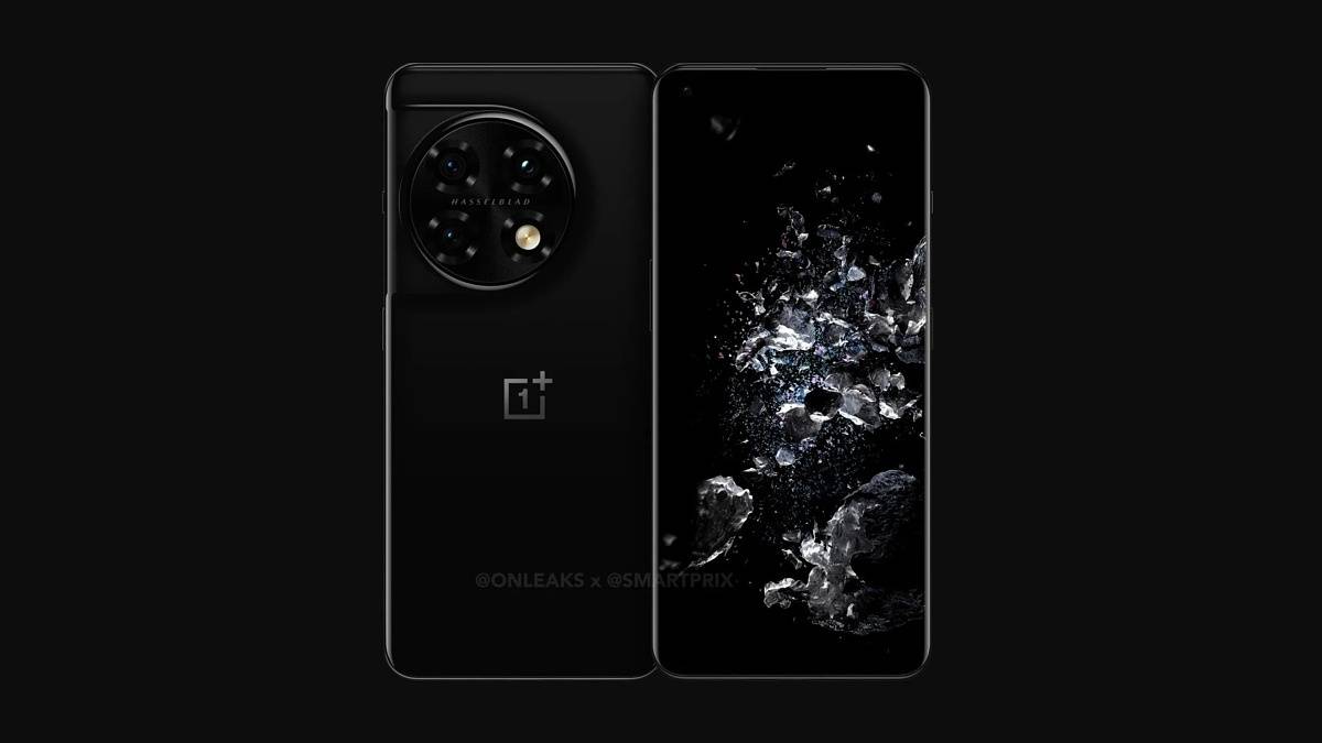 Leaked render of the OnePlus 11 Pro showcasing the device's front and back on black background.