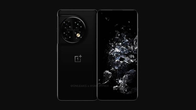 Leaked render of the OnePlus 11 Pro showcasing the device's front and back on black background.