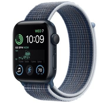 Midnight Apple Watch SE 2 with Sport Loop on white background.