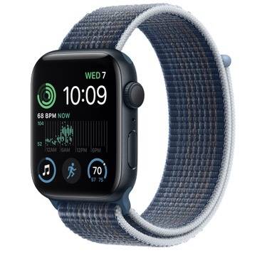 Midnight Apple Watch SE 2 with Sport Loop on white background.