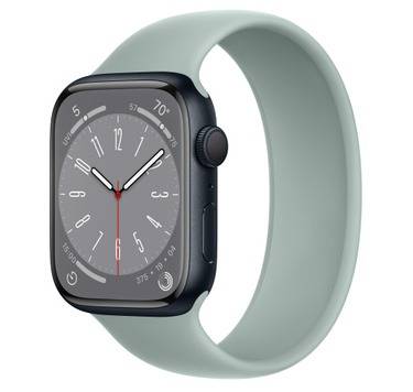 Apple Watch Series 8 with Solo Loop Band on white background.