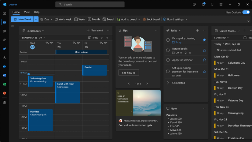 Screenshot of the Outlook Boards feature in the unified Outlook app, showing tips related to the features available in the app