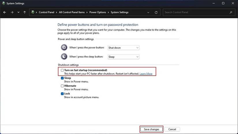 Screenshot of the power options in Control Panel