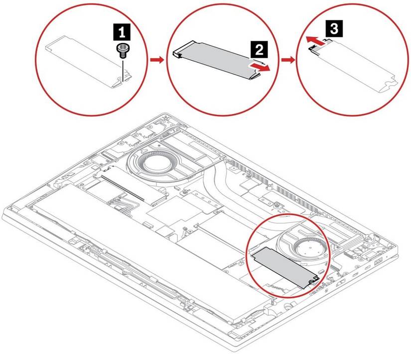Illustration showing how to remove the SSD on the right side in the Lenovo ThinkPad X1 Extreme Gen 5