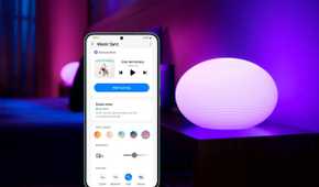 Samsung SmartThings Philips Hue music sync integration announcement poster.