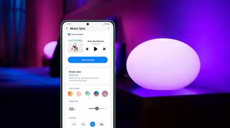 Samsung SmartThings Philips Hue music sync integration announcement poster.