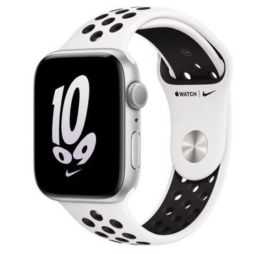 Silver Apple Watch SE 2 with Nike Sport Band on white background.