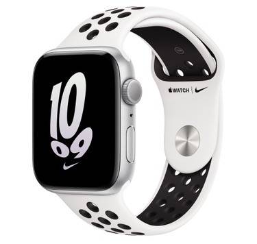 Silver Apple Watch SE 2 with Nike Sport Band on white background.