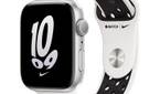 Silver Apple Watch SE 2 with Nike Sport Band on white background.