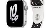 Silver Apple Watch SE 2 with Nike Sport Band on white background.