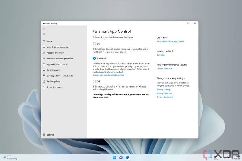 A screenshot of the Windows desktop with Windows Security open on the Smart Application Control page