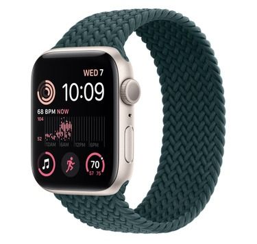 Starlight Apple Watch SE 2 with Braided Solo Loop band on white background.