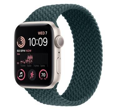 Starlight Apple Watch SE 2 with Braided Solo Loop band on white background.