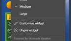 Windows 11 weather widget with dropdown menu open showing resizing and customization options