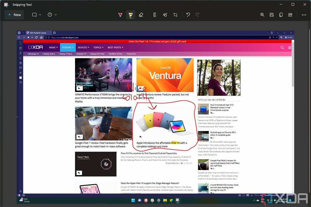 Screenshot of the editing options in the Snipping Tool after taking a screenshot