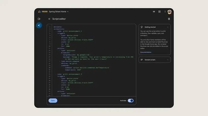 Google Home Script Editor preview.