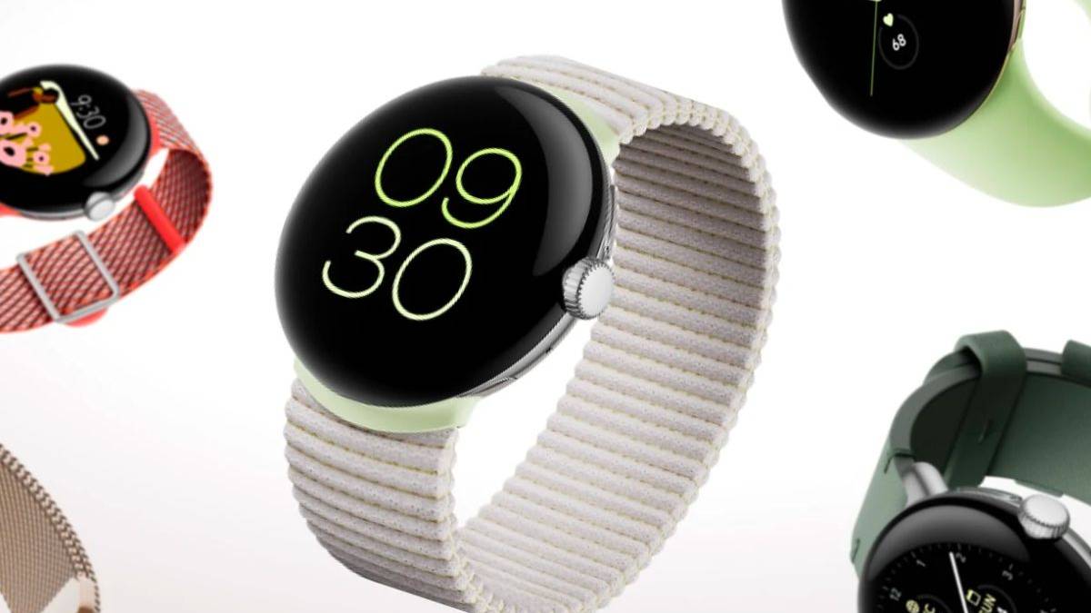 Multiple Google Pixel Watch floating over a white-colored background.