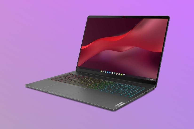 Angled view of the Lenovo IdeaPad Gaming Chromebook over a purple gradient background