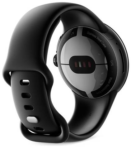 Matte Black Google Pixel Watch rear view on white background.