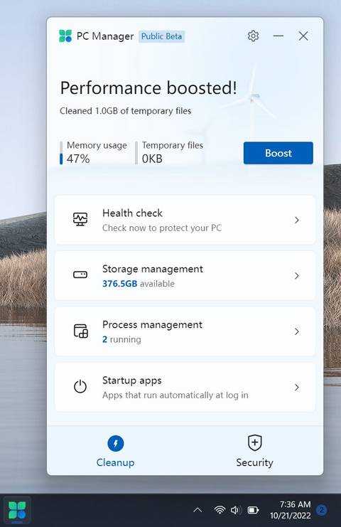 Screenshot of Microsoft PC Manager showing various options in the Cleanup tab