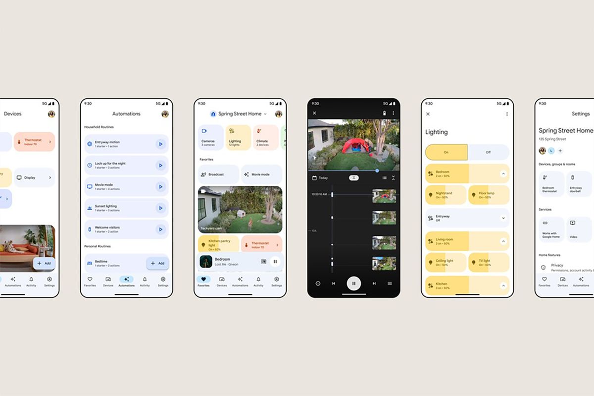 Redesigned Google Home app screenshots on cream background.