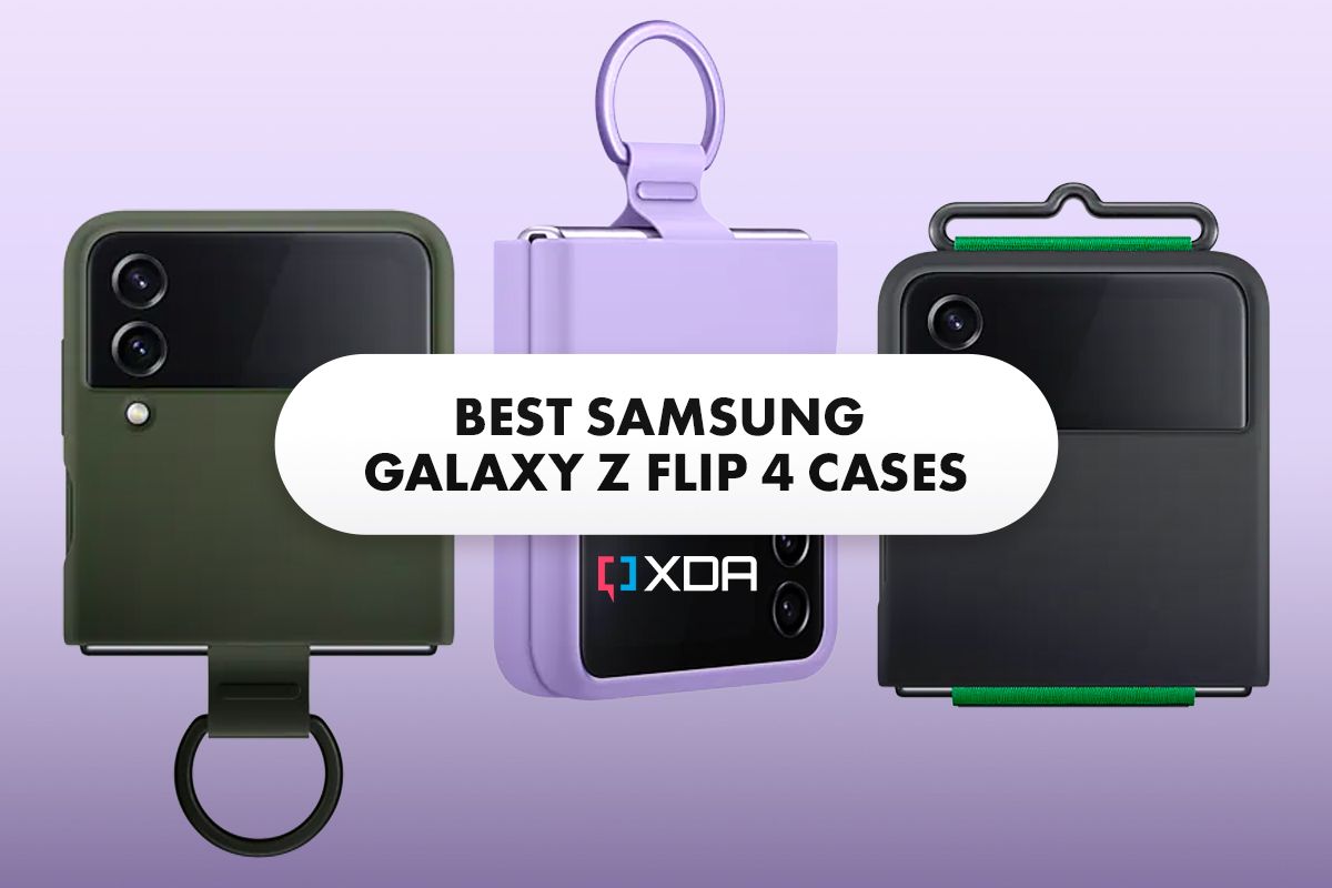 Three Galaxy Z Flip 4 units are shown side by side wearing different cases on a purple background. The caption in the middle reads: 