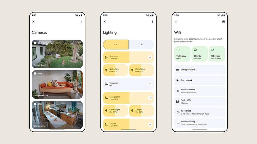 Screenshots showing Google Home app's Cameras, Lighting, and Wifi pages.