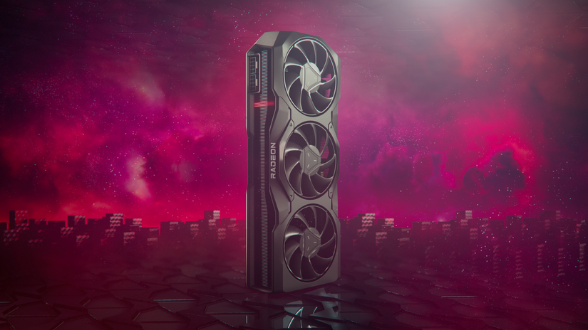 An AMD Radeon RX 7900 graphics card standing vertically against a pink starry background