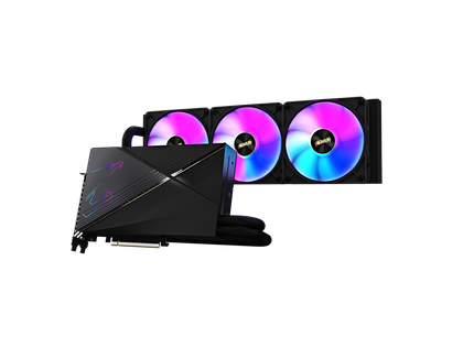 Angled view of the Gigabyte Nvidia GeForce RTX 4080 Xtreme Waterforce