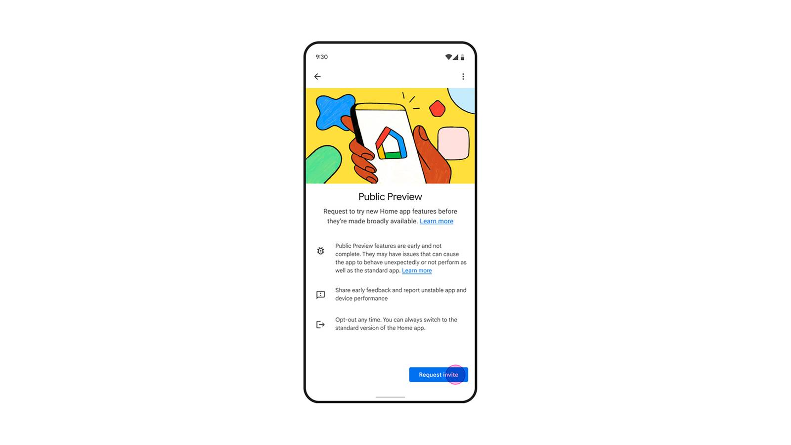 Google Home app Public Preview request invite screenshot on white background.