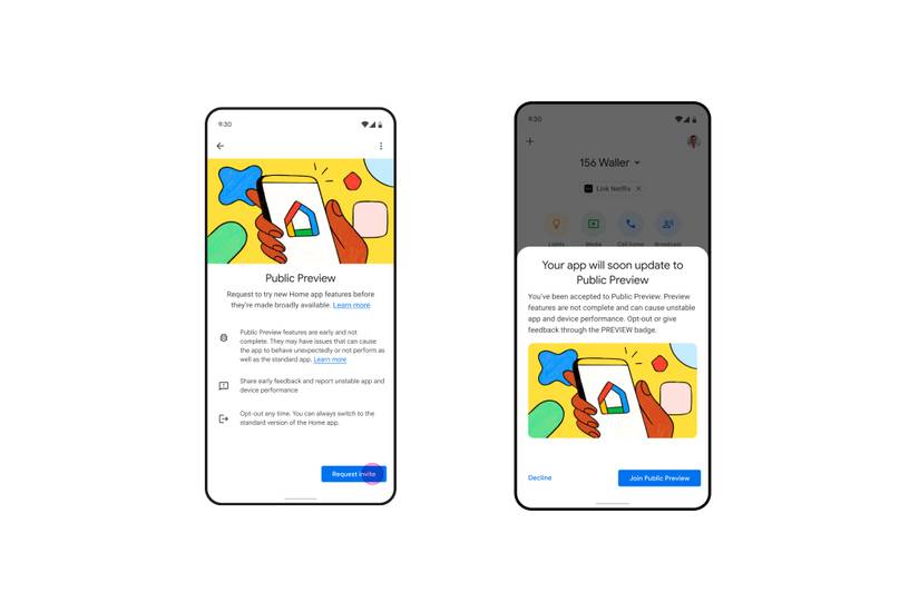 Google Home app Public Preview sign up screenshots on white background.