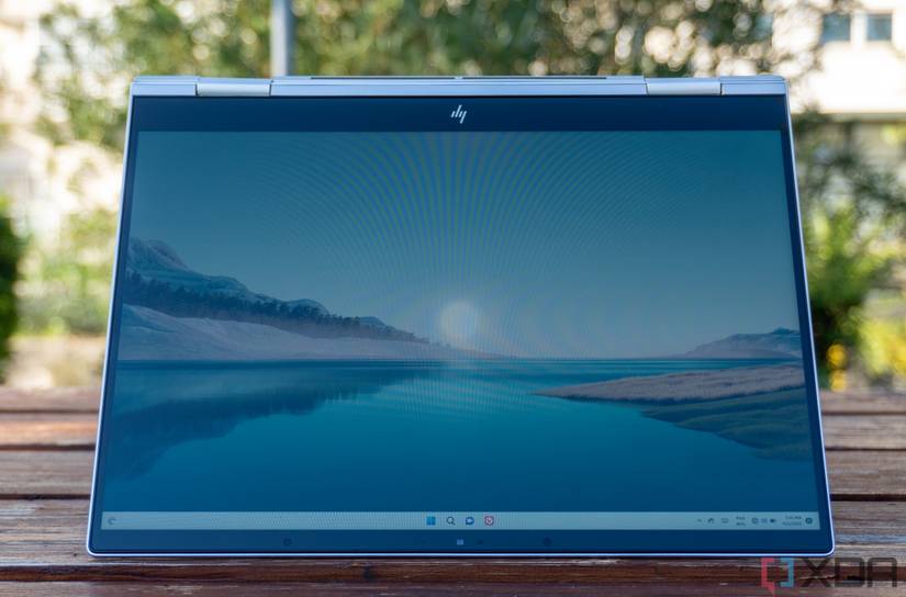 Front view of the HP Envy x360 display while the laptop is in tent mode