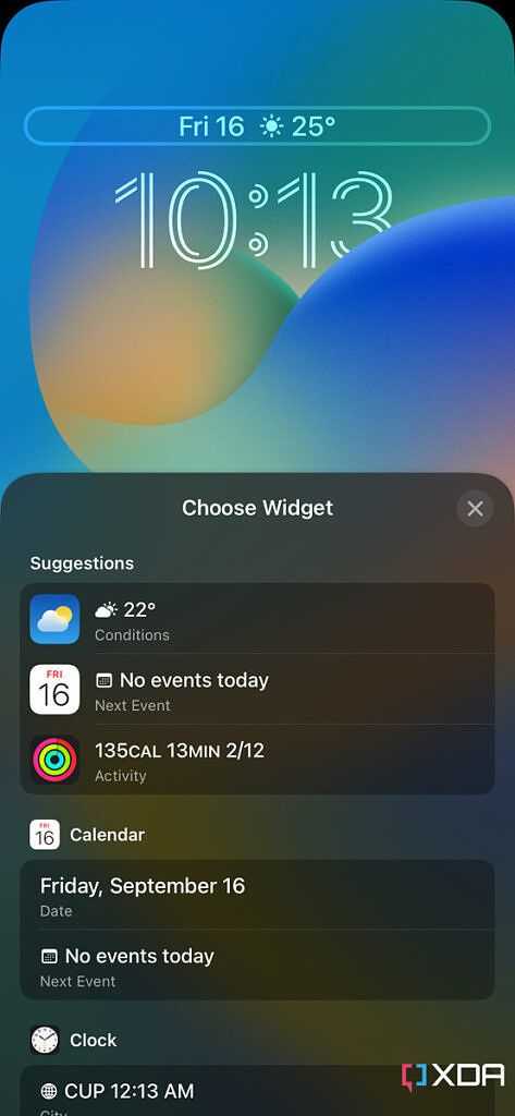 iPhone Lock Screen showing available widgets to choose from for the top section